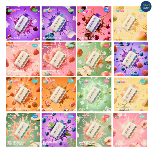All Vozol Star 40K flavors in one image — 25-flavor lineup: Strawberry Watermelon, Mango Peach, Mango Ice, Blue Razz Ice, Blueberry Ice, Blueberry Mint, Blueberry Watermelon, Grape Ice, Cool Mint, Peach Ice, Melon Gum, Melon Ice, Sour Apple Ice, Strawberry Ice, Strawberry Kiwi, Strawmelon Peach, Cherry Cola, Cherimoya Grapefruit Berries, Vzbull, Watermelon Ice, Watermelon Bubble Gum, Watermelon Grape Boysenberry, Watermelon Sour Peach, White Peach Raspberry — Buy Vozol Star 40K 40000 Puffs Disposable Vape U