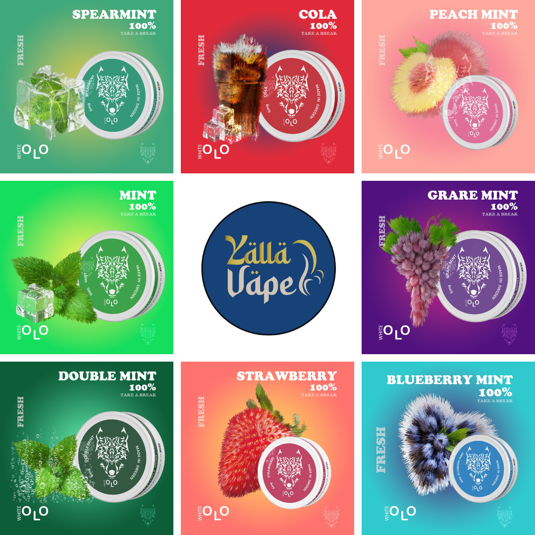 White OLO Nicotine Pouches by Snowwolf displaying eight flavors—Strawberry, Spearmint, Mint, Peach Mint, Grape Mint, Double Mint, Cola, Blueberry Mint—for online purchase in Dubai & UAE