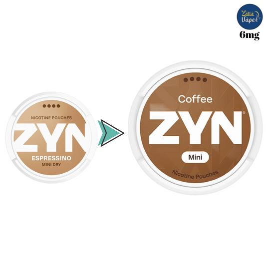 Zyn Coffee Mini 6mg nicotine pouches — mini dry can, mocha-chocolate coffee flavor (formerly Espressino Mini Dry); buy Dubai, Abu Dhabi, Sharjah UAE.
