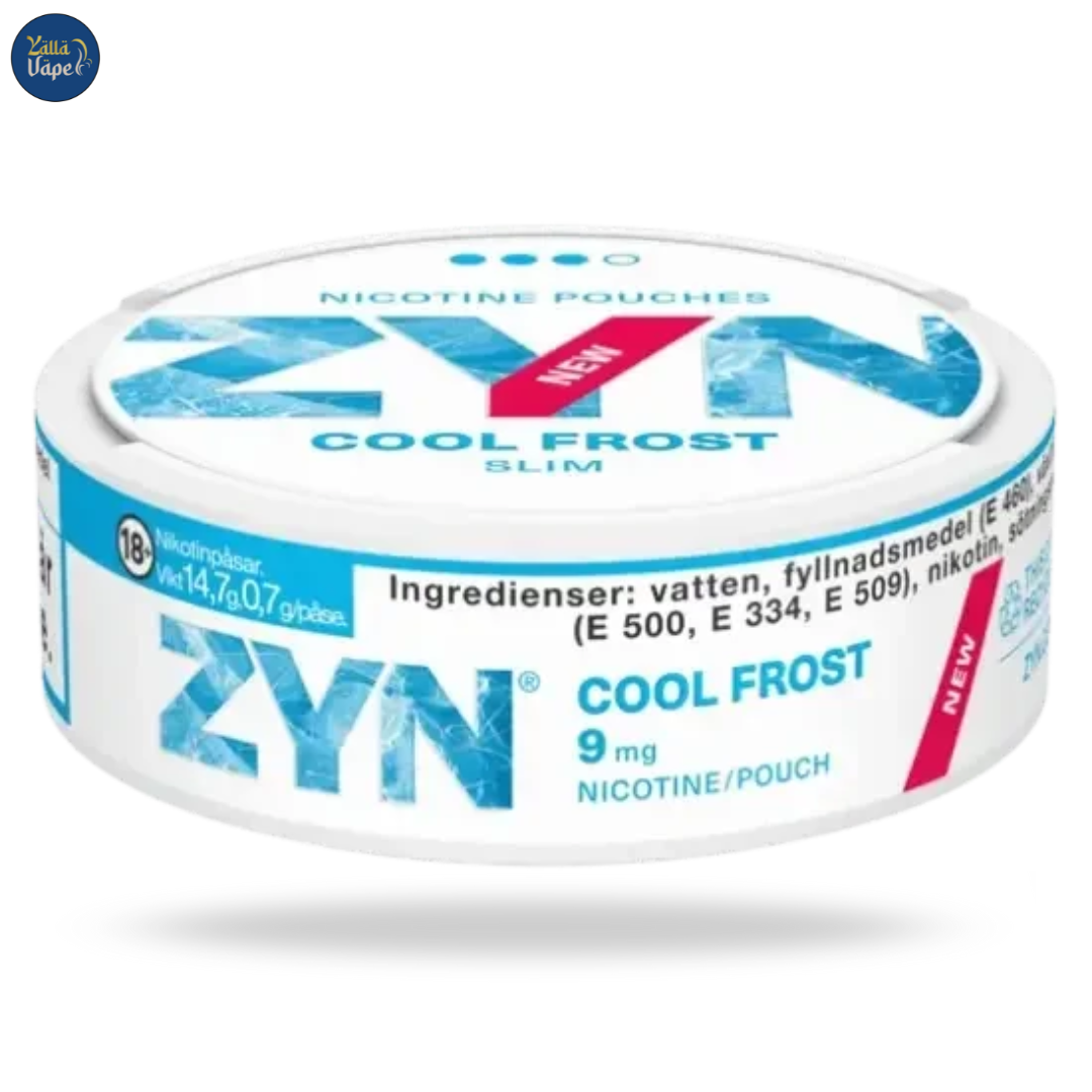 Close-up of Zyn Cool Frost Slim Strong 9mg Nicotine Pouches showing the all-white, discreet design and icy mint finish.
