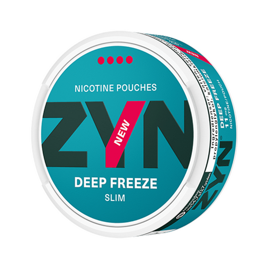 ZYN Deep Freeze 11mg (4-dot strength) nicotine pouches alongside metallic blue can on white background – Dubai, Abu Dhabi, Sharjah & UAE