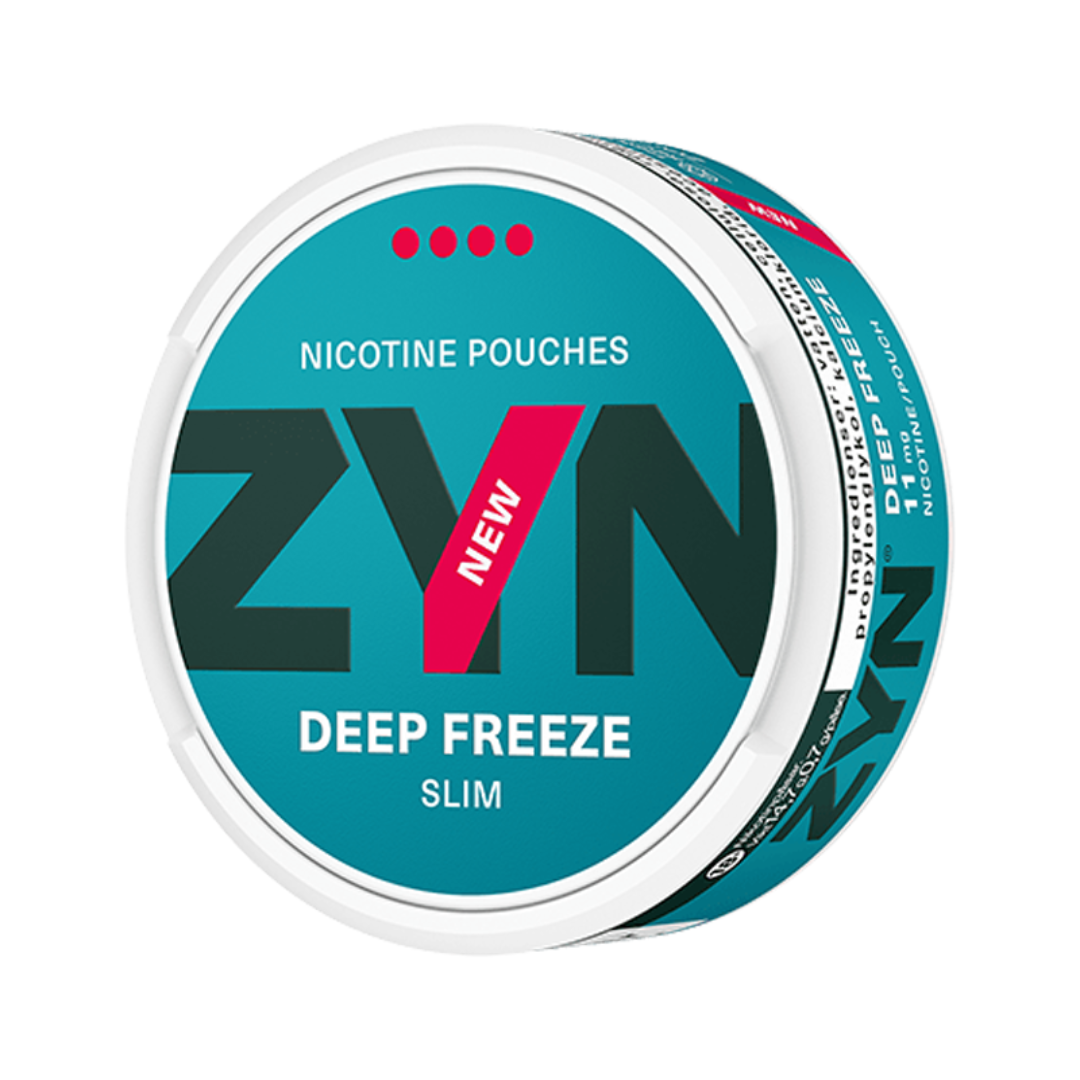 ZYN Deep Freeze Slim 11mg (4‑dot) all‑white nicotine pouches next to metallic blue slim can on white surface – Dubai & Abu Dhabi & Sharjah, UAE