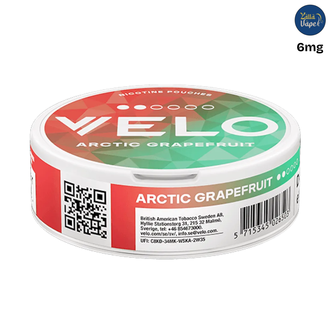 Authentic VELO Arctic Grapefruit Strong 6mg slim tin — tobacco-free, citrus grapefruit flavor with icy menthol — Dubai, Abu Dhabi & UAE
