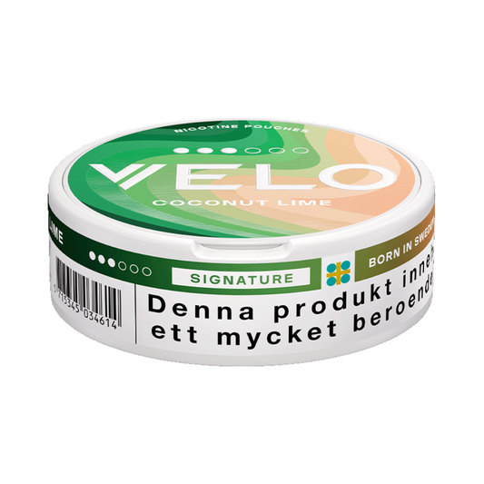 Velo Coconut Lime 8mg portion pouch close-up. Smooth long-lasting 3-dot nicotine with crisp citrus lime & sweet coconut. Shop UAE.