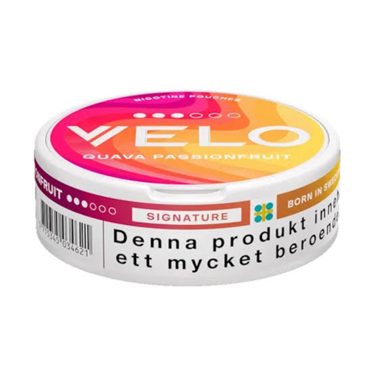 Velo Guava Passionfruit 8mg nicotine pouch close-up. Vibrant tropical flavor, sweet guava with tangy passionfruit finish. Shop UAE.