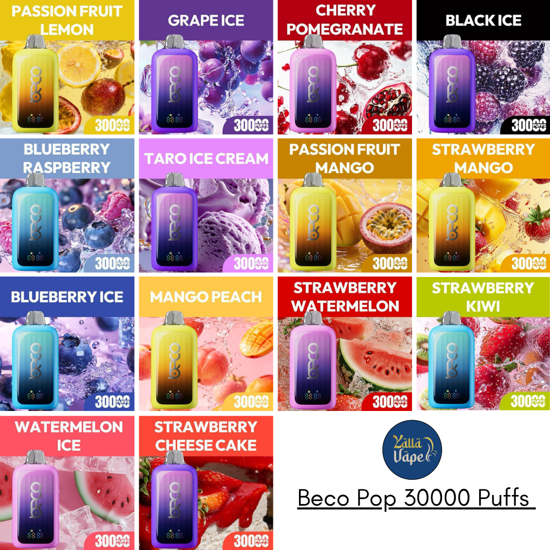 Beco Pop 30k Puffs Disposable Vape devices (2% nicotine) displayed – flavors include exotic fruits and desserts like Passion Fruit Lemon, Strawberry Kiwi, Mango Peach, Strawberry Cheesecake, Grape Ice, Cherry Pomegranate, Black Ice, Blueberry Raspberry, Taro Ice Cream, Passion Fruit Mango, Strawberry Mango, Blueberry Ice, Strawberry Watermelon, Watermelon Ice, etc.