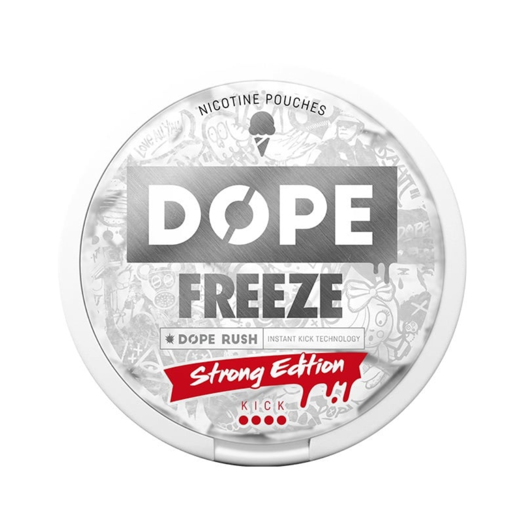 Dope Freeze Strong nicotine pouch – intense pure menthol flavor, 11.2 mg nicotine per pouch (16 mg/g), slim, white tobacco-free pouches.