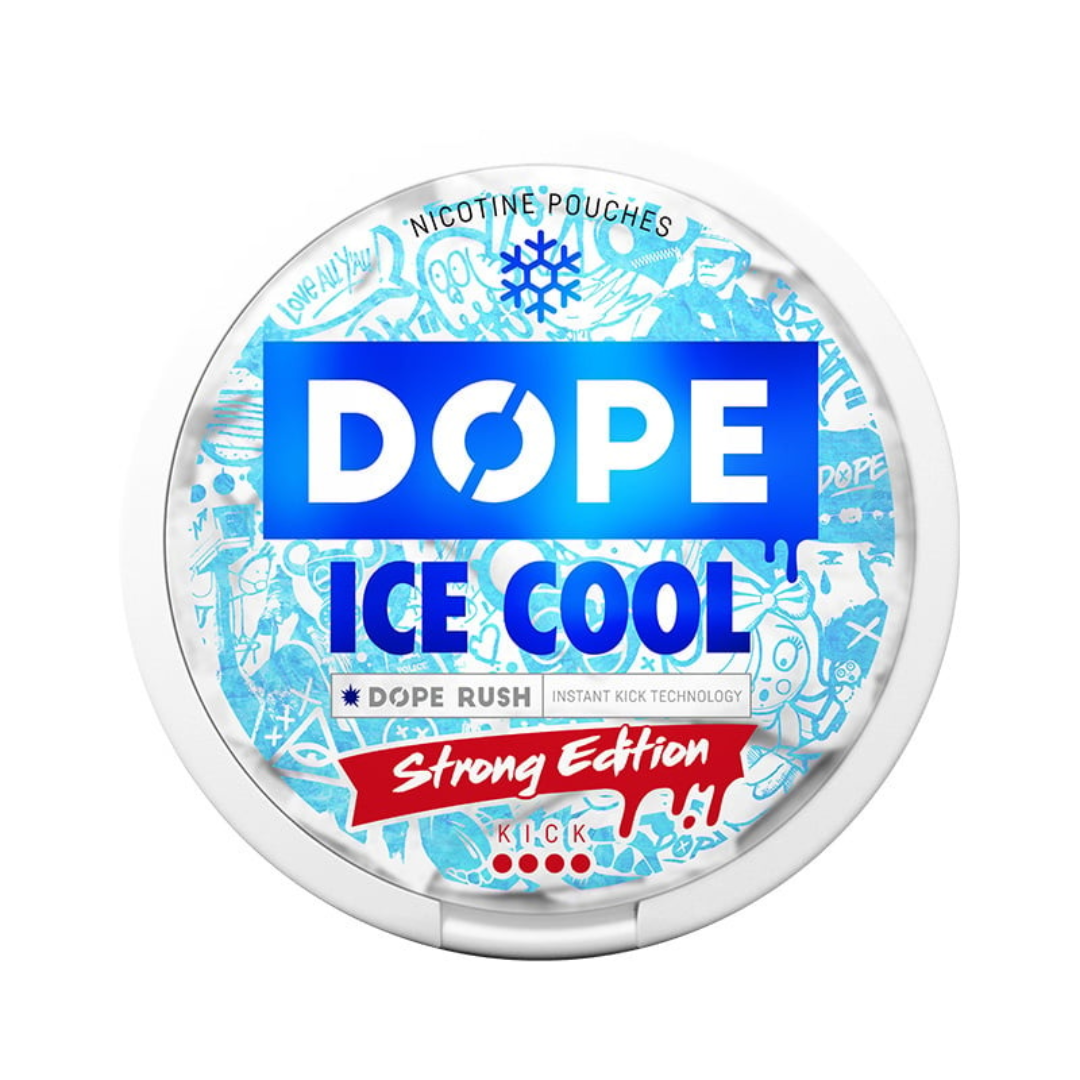 Dope Ice Cool Strong nicotine pouch – crisp mint flavor, 11.2 mg nicotine per pouch (16 mg/g), slim all-white, tobacco-free.