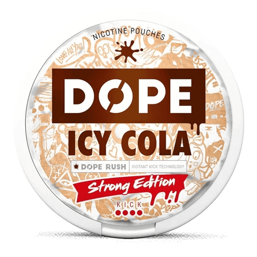 Dope Icy Cola Strong nicotine pouch – bold cola & icy mint flavor, 11.2 mg nicotine per pouch (16 mg/g), slim all-white tobacco-free pouches.
