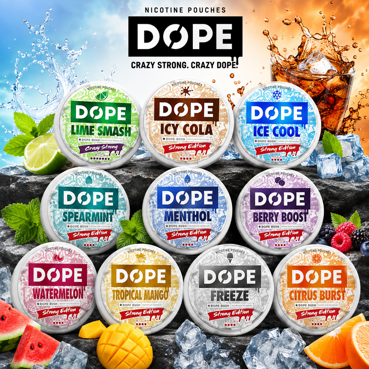 Dope Nicotine Pouches assortment – ultra-strong, slim tobacco-free nicotine pouches (Ice Cool Strong, Freeze Strong, Icy Cola Strong, Lime Smash Crazy Strong & more) – premium EU quality for Dubai/UAE consumers.