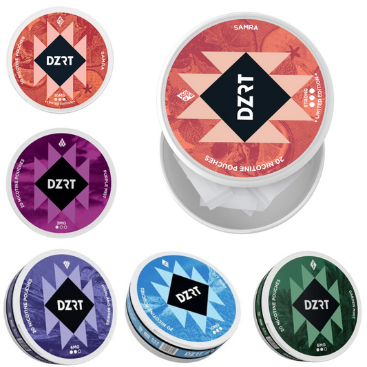 Dzrt nicotine pouches – assortment of all flavors (tobacco-free: mint, berry, mango, etc.) for Dubai and Abu Dhabi, UAE – جميع نكهات أكياس النيكوتين من دزرت الخالية من التبغ (نعناع، توت، مانجو، إلخ) في دبي وأبوظبي بالإمارات