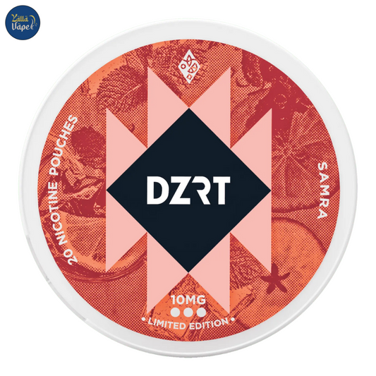 Dzrt Samra 10mg nicotine pouches pack, sleek black and gold design on white background – available in Dubai, Abu Dhabi & across the UAE