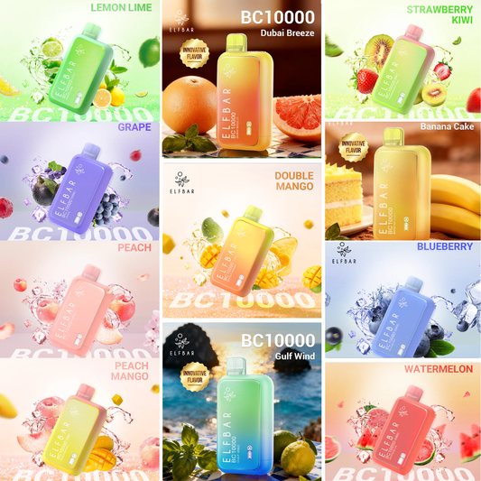 Elfbar 10000 Puffs Disposable Vape all flavors collection including Blue Razz Ice, Watermelon Ice, Grape Ice, Strawberry Kiwi, Peach Ice, Mango Peach, Triple Mango, Cherry Cola, Lemon Mint, Cola Ice, Mixed Berries, Blueberry Raspberry, Kiwi Passion Fruit Guava, Mint, Double Apple, Energy Drink, Pineapple Ice, Banana Ice, Cherry Ice, Lychee Ice, Apple Peach, Blackberry Ice, Strawberry Banana and more many new flavors, available in 20mg & 50mg nicotine, original Elfbar UAE, Dubai, Abu Dhabi, Sharjah.