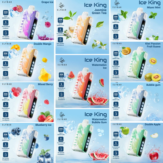 Original Elfbar Ice King 30000 Puffs 50mg\5% nicotine strength Disposable Vape complete flavor range with Blue Razz Ice, Blackberry Cranberry, Mango Peach Watermelon, Double Mango, Passion Fruit Mango Ice, Strawberry Watermelon, Watermelon Ice, Blueberry Ice, Mango Peach, Grape Ice, Strawberry Kiwi, Cola Ice, Cherry Ice, Peach Ice, Lemon Mint, Double Apple, Mint, Banana Ice, Pineapple Ice, Mixed Berries, Strawberry Watermelon, Energy Drink and more many new flavors for Dubai Abu Dhabi Sharjah & across UAE.