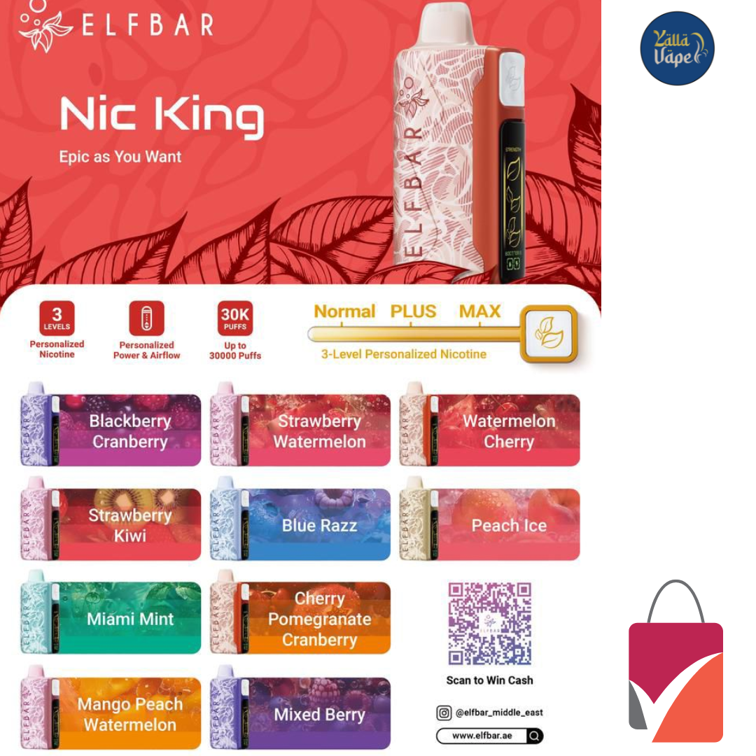 Elfbar Nic King 30000 Puffs disposable vape flavors assortment – Blackberry Cranberry, strawberry Watermelon, Miami Mint, Watermelon Cherry, Strawberry Kiwi, Blue Razz, Peach Ice, Cherry Pomegranate Cranberry, Mango Peach Watermelon, Mixed Berry | Best vape Dubai UAE