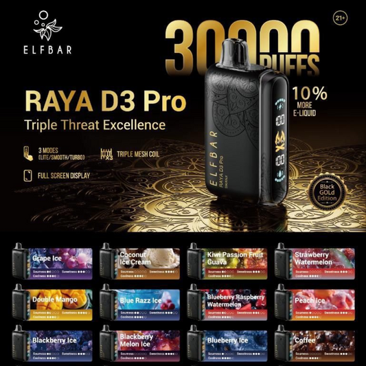 Elfbar Raya D3 Pro 30K Puffs disposable vapes in all flavors, vibrant color lineup, USB-C rechargeable—shop in Dubai, Abu Dhabi & UAE.