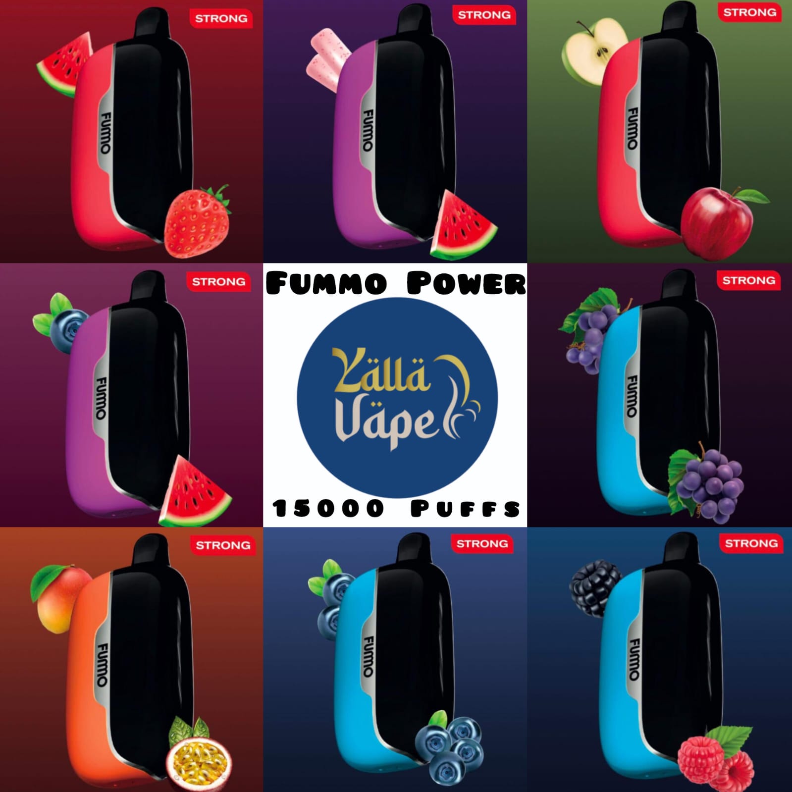 All Fummo Power 15000 Puffs Disposable Vape flavors on display—Blueberry, Watermelon, Mint, Mango, Grape & more—for Dubai, Abu Dhabi, Sharjah & UAE