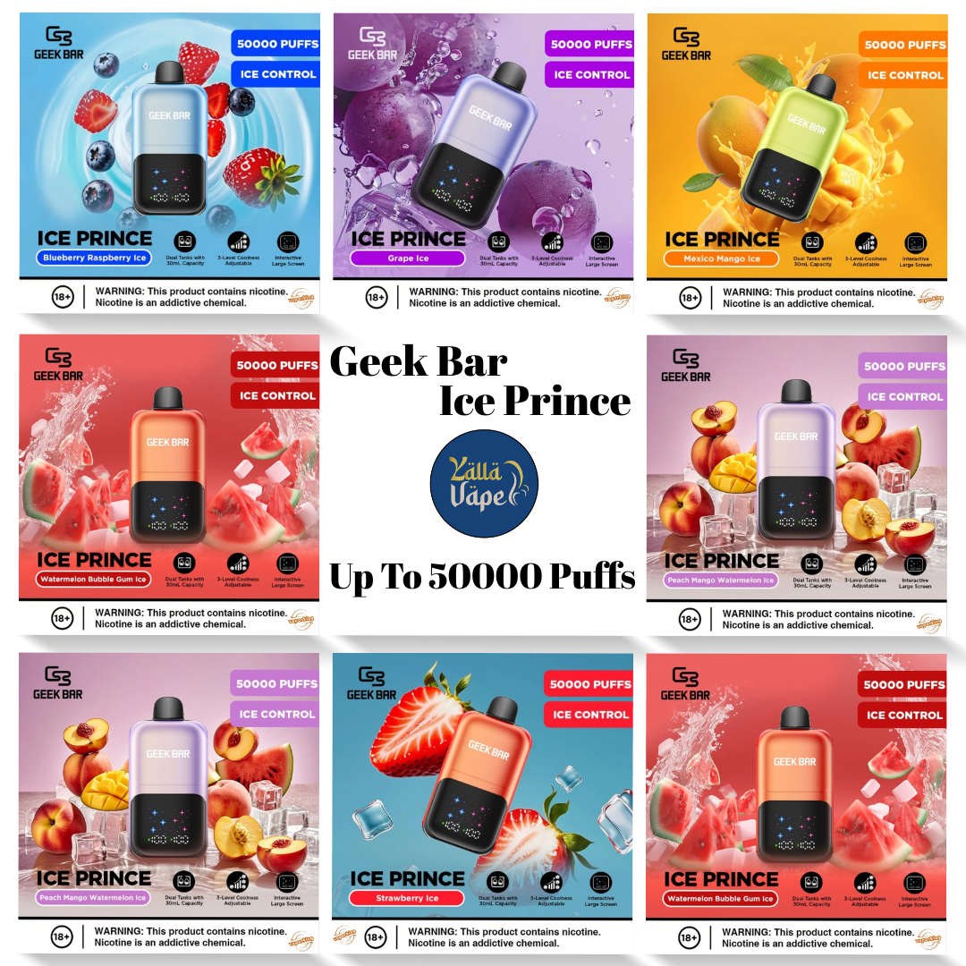 Geek Bar Ice Prince flavors lineup — up to 50,000 puffs, variable ice control for custom mint/ice hits, available across UAE