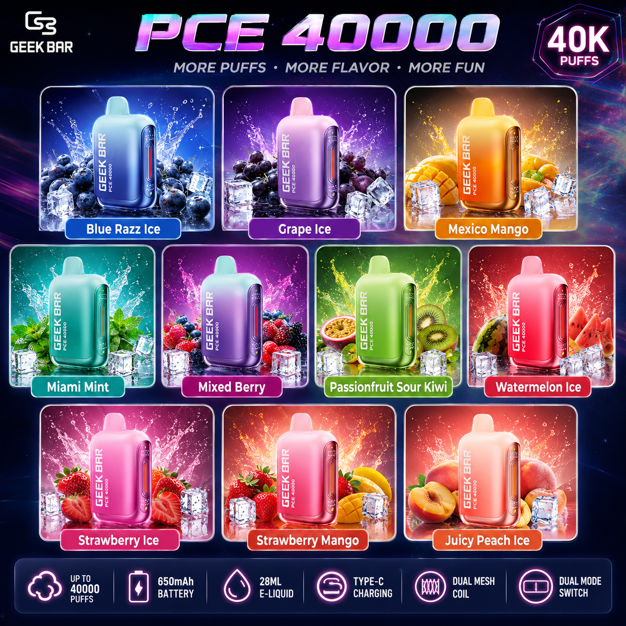Geek Bar PCE 40000 Puffs Disposable Vape with all flavor variants (Passionfruit Sour Kiwi, Watermelon Ice, Juicy Peach Ice, Strawberry Ice, Strawberry Mango, Mixed Berry, Mexico Mango, Miami Mint, Blue Razz Ice, Grape Ice) displayed.