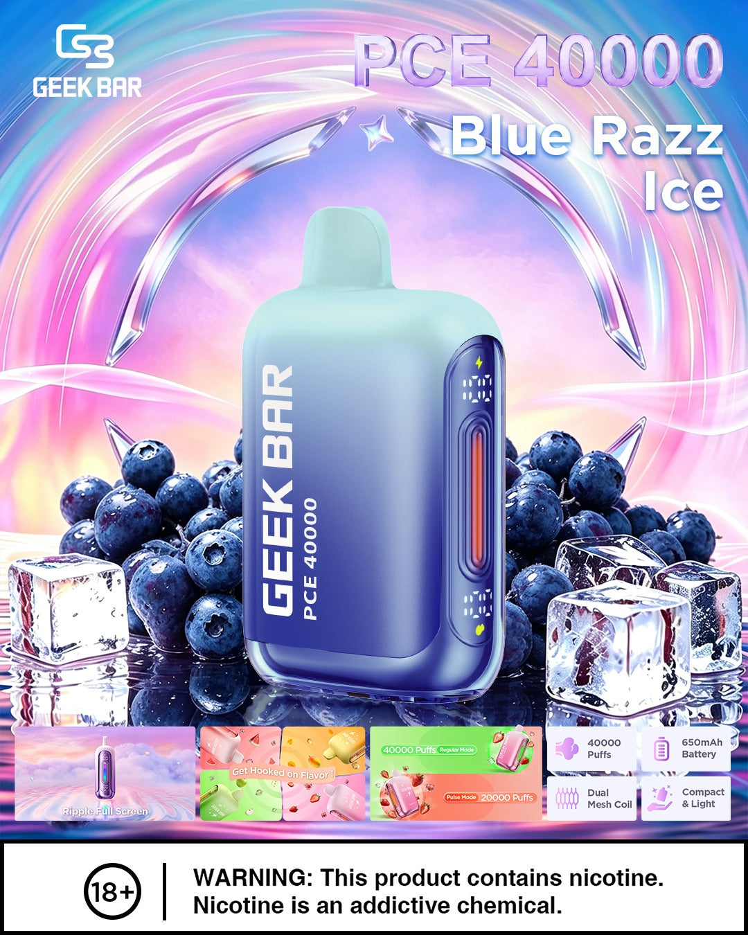 Geek Bar PCE 40000 Disposable Vape – Blue Razz Ice flavor (sweet and tangy blue raspberry with a cool finish).