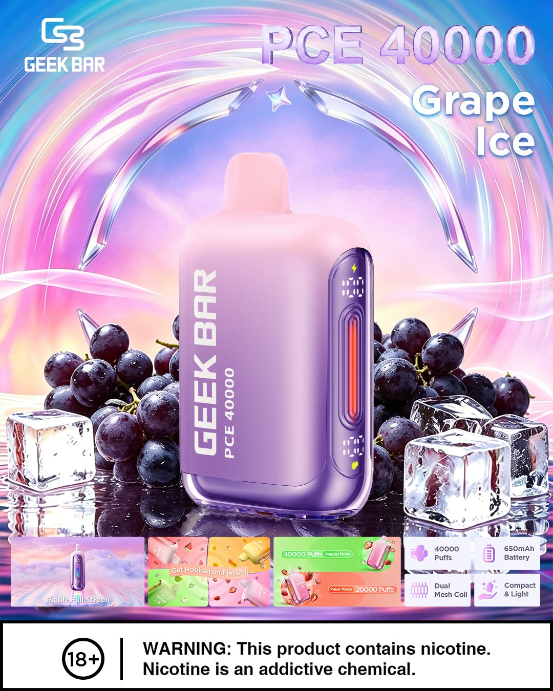 Geek Bar PCE 40000 Disposable Vape – Grape Ice flavor (juicy grape with a cool, fresh menthol note).