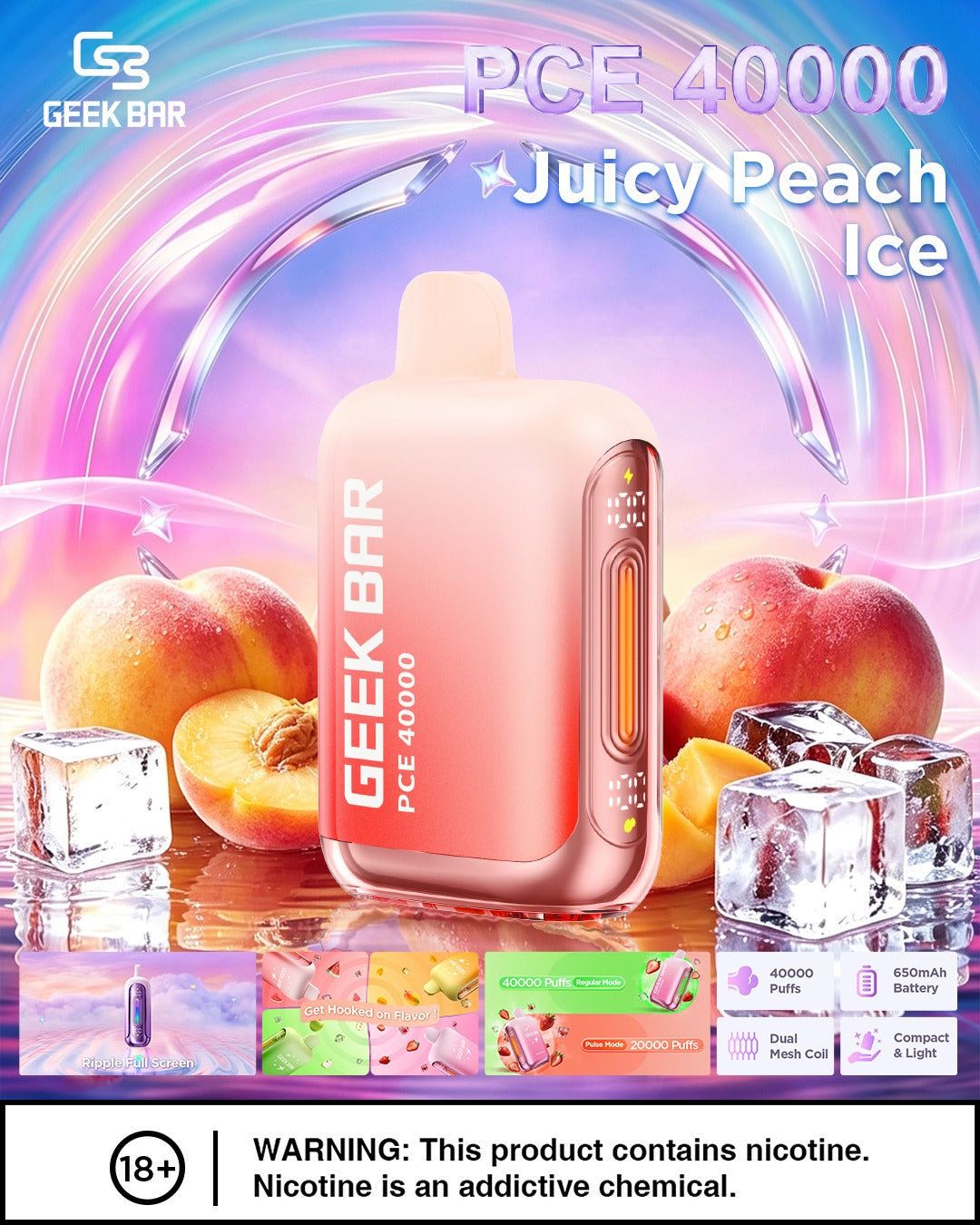 Geek Bar PCE 40000 Disposable Vape – Juicy Peach Ice flavor (ripe peach with a light icy coolness).