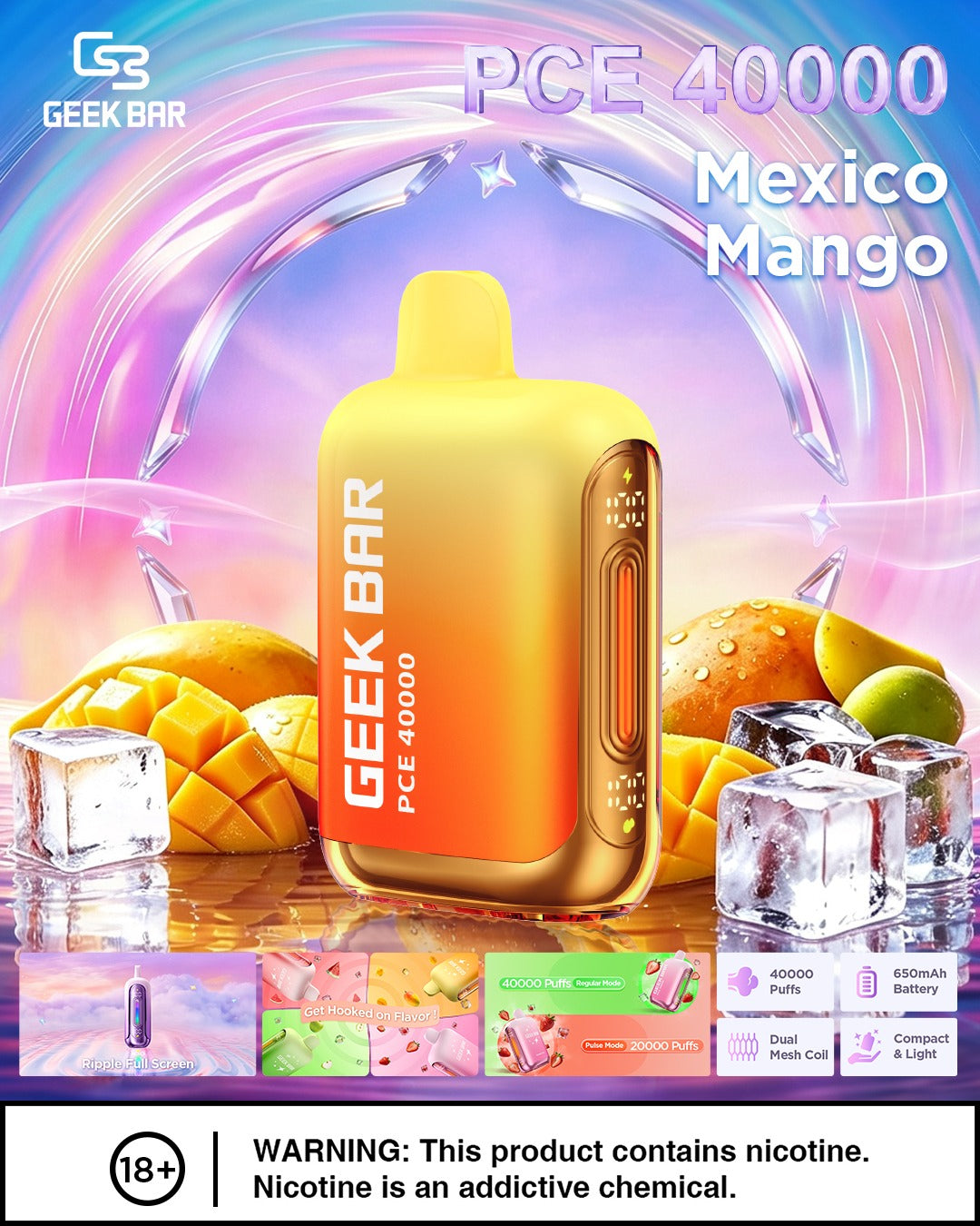 Geek Bar PCE 40000 Disposable Vape – Mexico Mango flavor (sweet, tropical mango taste).