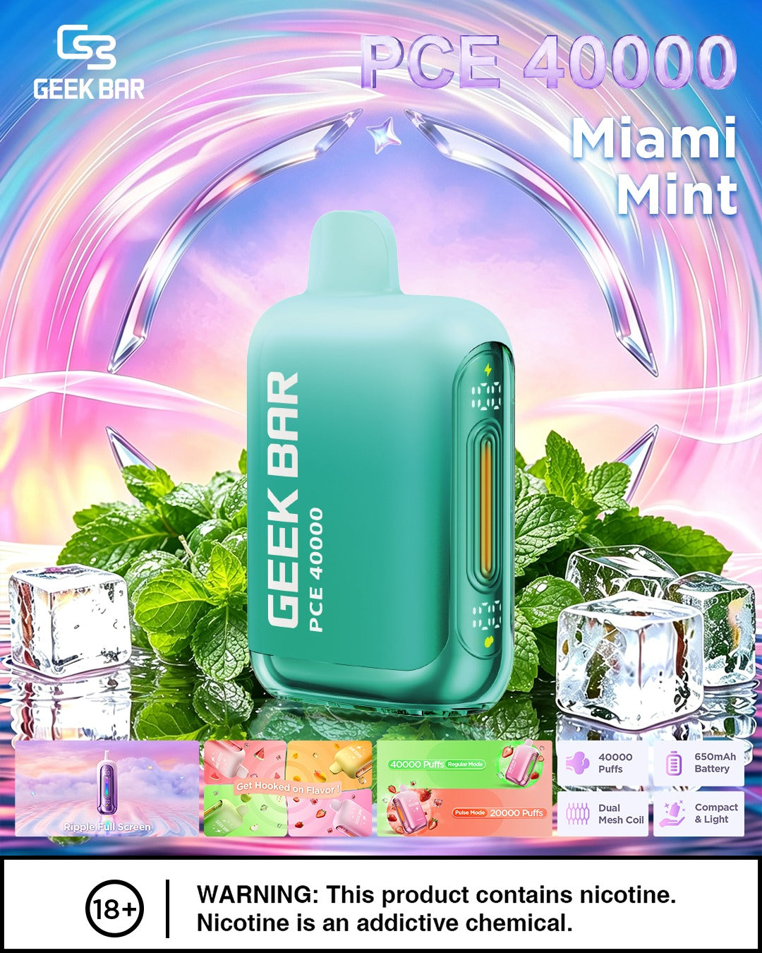 Geek Bar PCE 40000 Disposable Vape – Miami Mint flavor (fresh mint with a cool, clean sensation).