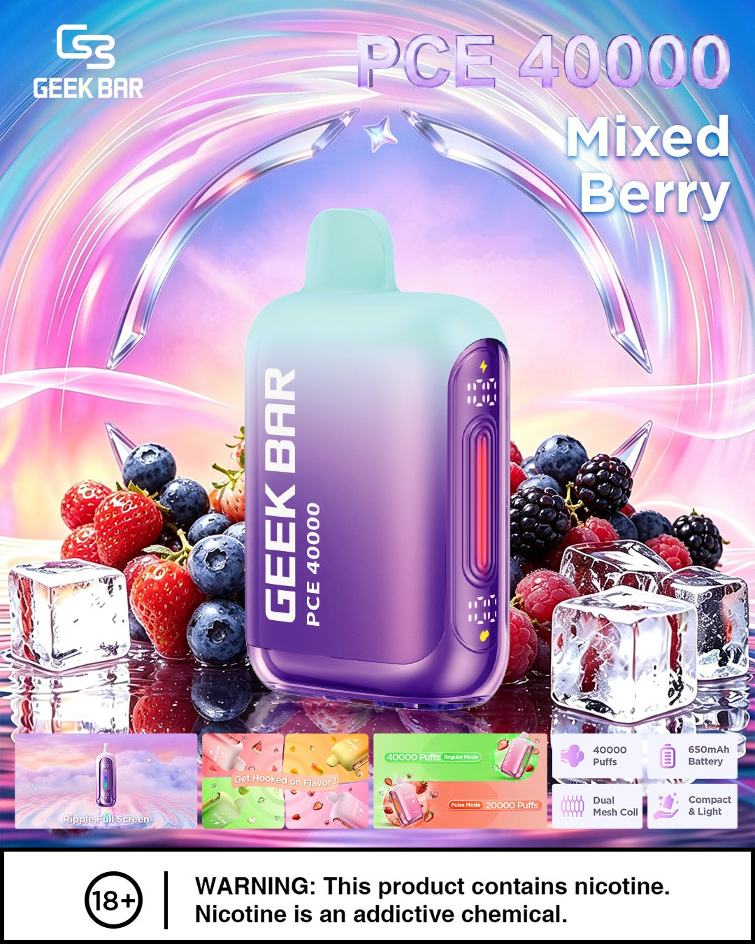 Geek Bar PCE 40000 Disposable Vape – Mixed Berry flavor (blend of ripe berries with a hint of tartness).