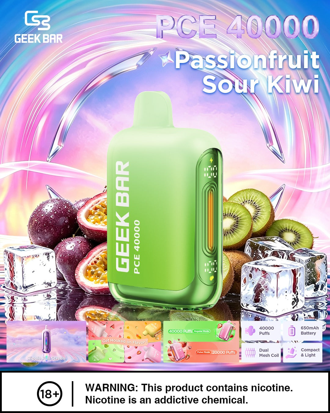 Geek Bar PCE 40000 Disposable Vape – Passionfruit Sour Kiwi flavor (tangy passionfruit with sharp kiwi notes).