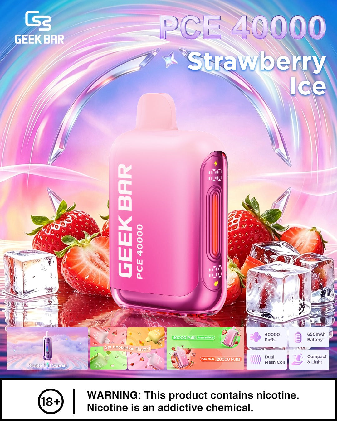 Geek Bar PCE 40000 Disposable Vape – Strawberry Ice flavor (sweet strawberry with a cool, refreshing taste).