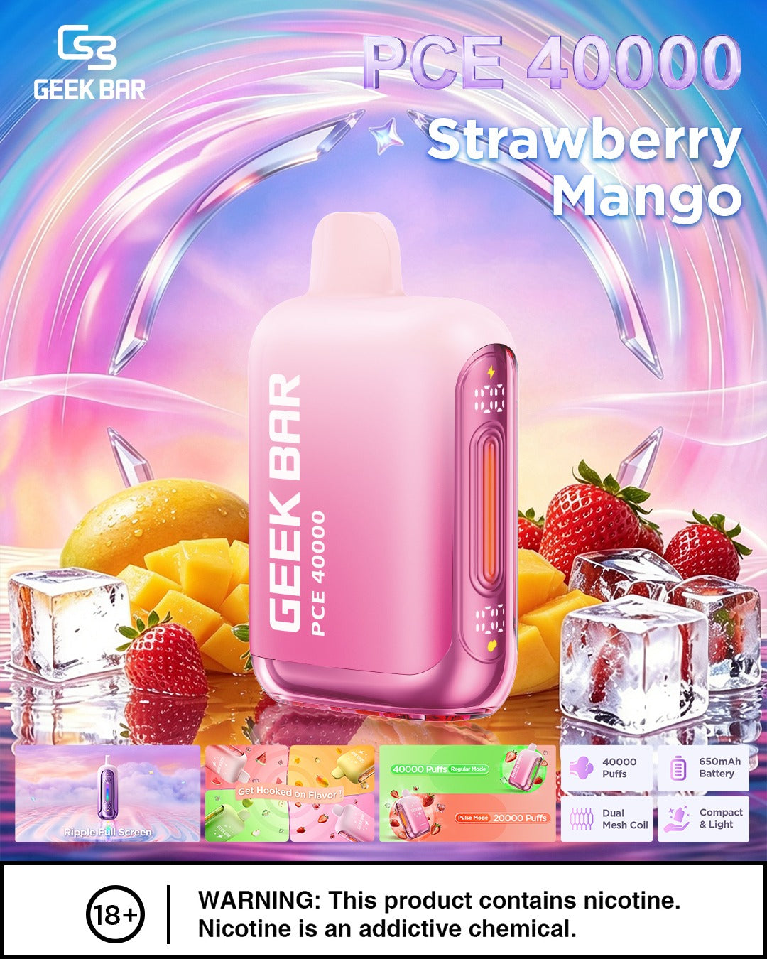 Geek Bar PCE 40000 Disposable Vape – Strawberry Mango flavor (sweet strawberry mixed with juicy mango).