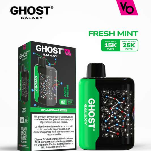 ​Vapes Bars Ghost Galaxy 25000 Puffs Fresh Mint Disposable Vape featuring 2% (20mg) nicotine, dual-mode technology, and a sleek, futuristic design for a crisp, refreshing mint experience.