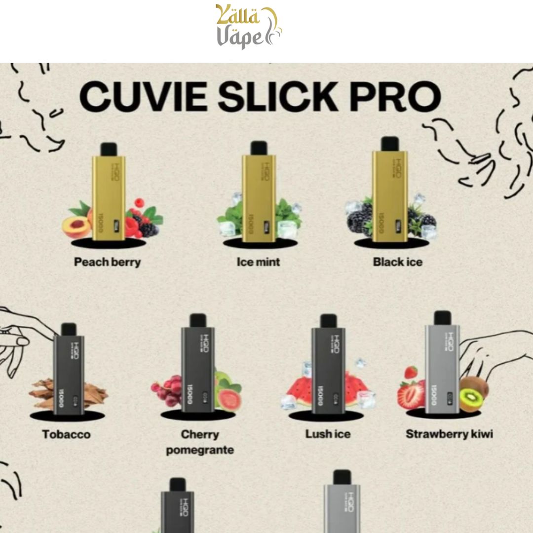HQD Cuvie Slick Pro 15000 Puffs device collection in 20mg nicotine, showing Apple Grape, Black Dragon, Black Ice, Cherry Pomegranate, Cola, Ice Mint, Lush Ice, Peach Berry, Strawberry Kiwi and Tobacco flavor variants.

