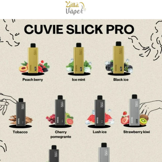HQD Cuvie Slick Pro 15000 Puffs device collection in 20mg nicotine, showing Apple Grape, Black Dragon, Black Ice, Cherry Pomegranate, Cola, Ice Mint, Lush Ice, Peach Berry, Strawberry Kiwi and Tobacco flavor variants.
