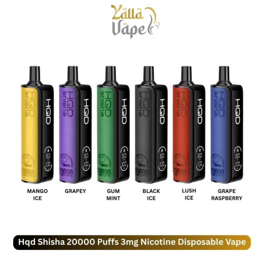 HQD Shisha 20000 puffs vape, 20mg nicotine, shown with Black Ice, Grapey, Double Apple, Gum Mint, Ice Mint, Lush Ice, Mango Ice, Strawberry Kiwi, Lemon Mint and Grape Raspberry flavors.