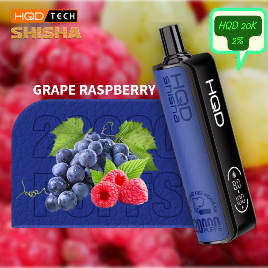 HQD Shisha 20000 puffs vape in Grape Raspberry flavor, 20mg \2% nicotine.