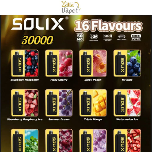 Hayati SOLIX vape devices with various flavors displayed on a promotional graphic.