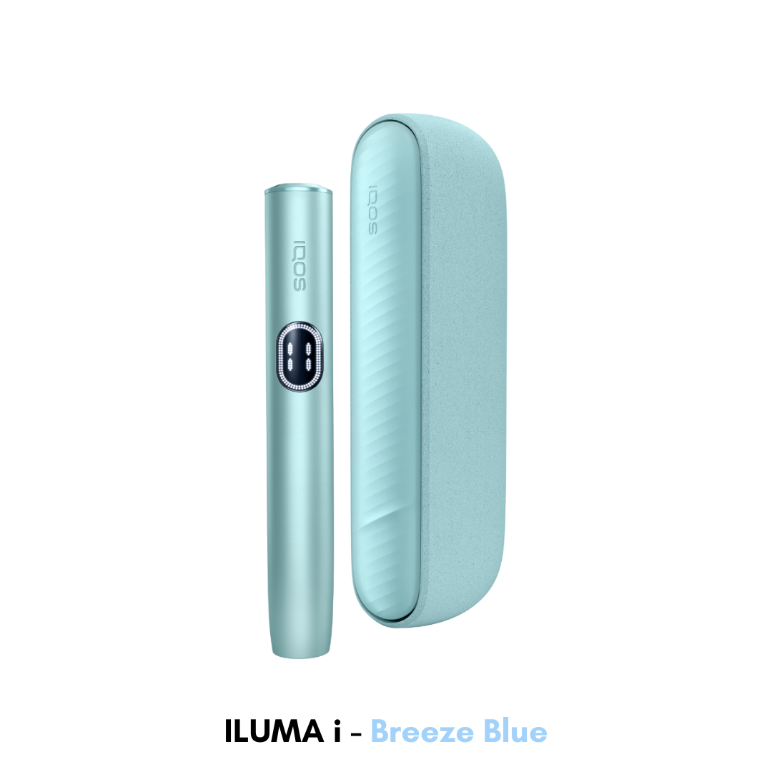 IQOS ILUMA i Kit heating device in Breeze Blue – light metallic blue two-piece tobacco heater (Dubai, UAE).