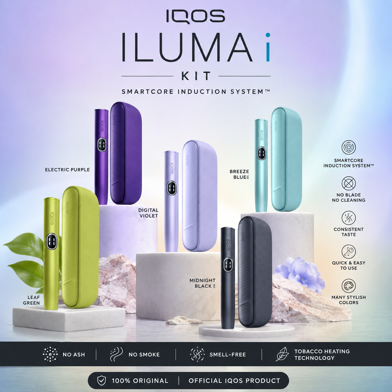 IQOS ILUMA i Kit devices (heated tobacco system) in all color variants: Midnight Black, Breeze Blue, Electric Purple, Leaf Green, and Digital Violet. Premium IQOS ILUMA i kit displayed (Dubai, UAE).