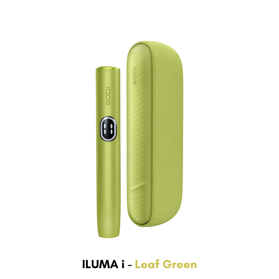 IQOS ILUMA i Kit heating device in Leaf Green – fresh green two-piece tobacco heater (Dubai, UAE).