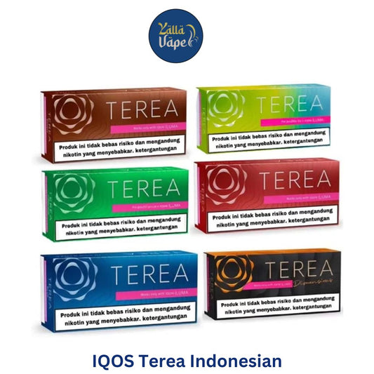 IQOS ILUMA TEREA™ Indonesia Edition heatsticks lineup of 15 flavors—from Auburn Edition (clove & vanilla) and Berrine Edition (berry & menthol) to Black Green, Blue, Bronze, Dimensions Yugen, Dimensions Apricity, Emerald, Golden, Green, Mulint Edition, Oasis Pearl, Purple Wave, Sienna, and Sun Pearl—displayed in sleek gold-and-ivory packaging with Indonesian motifs.