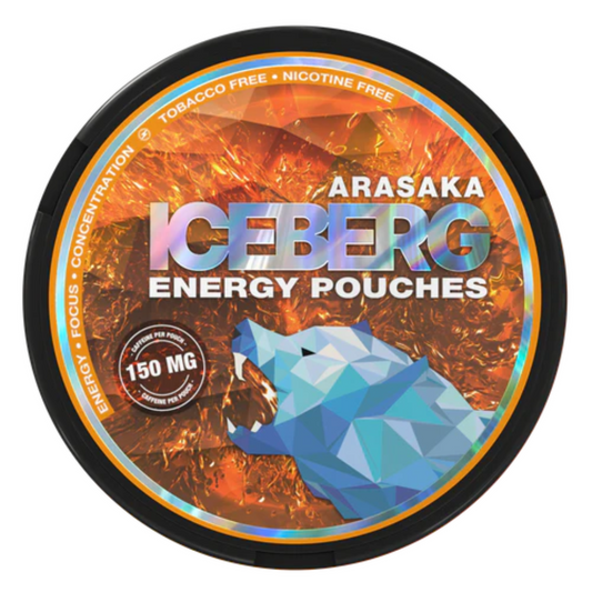 Iceberg Arasaka 150 mg Energy Pouches tin – pure caffeine peach-flavor pouches, available in Dubai, Abu Dhabi, Sharjah & UAE