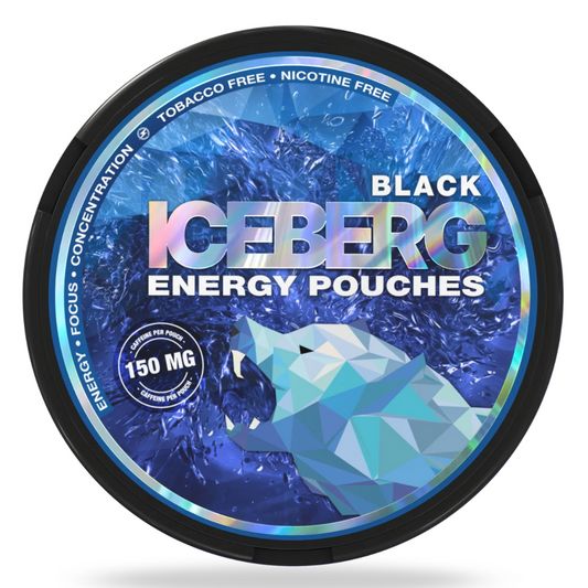 Close-up of Iceberg Black 150mg Energy Pouches in sleek black pack – nicotine‑free energy boost, Dubai, Abu Dhabi, Sharjah & UAE