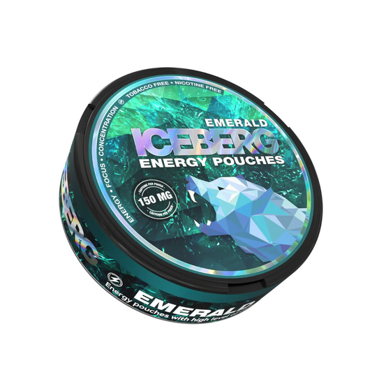 Iceberg Emerald Energy Pouch 150mg – sugar-free mint caffeine boost in a slim tobacco-free pouch, fast UAE-wide delivery including Dubai, Abu Dhabi & Sharjah