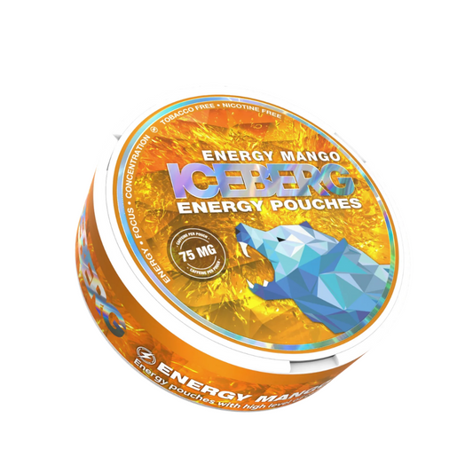 Slim tobacco‑free Iceberg Energy Mango 75 mg energy pouches tin with vivid mango illustration and caffeine boost – available in Dubai, Abu Dhabi, Sharjah & UAE
