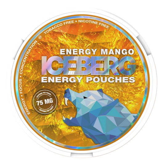 Iceberg Energy Mango 75 mg slim energy pouches tin with vibrant mango graphic and sleek white finish – tobacco‑free caffeine boost for UAE market