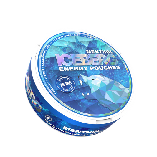 Pack of Iceberg Menthol 75mg Energy Pouches – slim, tobacco-free menthol portions with 75mg caffeine boost for Dubai & UAE