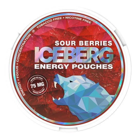 Front view of Iceberg Sour Berries Energy Pouches 75mg pack with vibrant berry graphics, delivering fast, long‑lasting energy across Dubai, Abu Dhabi, Sharjah & UAE.
