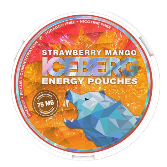 Iceberg Strawberry Mango 75 mg Energy Pouches pack of 20 – slim, tobacco- & sugar-free caffeine-boost sachets in vibrant strawberry mango design; fast delivery across Dubai, Abu Dhabi, Sharjah & UAE.
